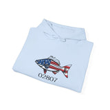 BlockBoundRI light blue hooded sweatshirt featuring a hand-drawn striped bass with American flag pattern and 02807 text.