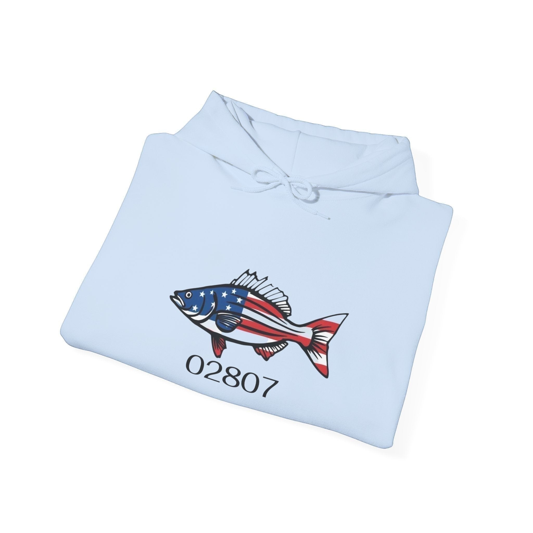 BlockBoundRI light blue hooded sweatshirt featuring a hand-drawn striped bass with American flag pattern and 02807 text.