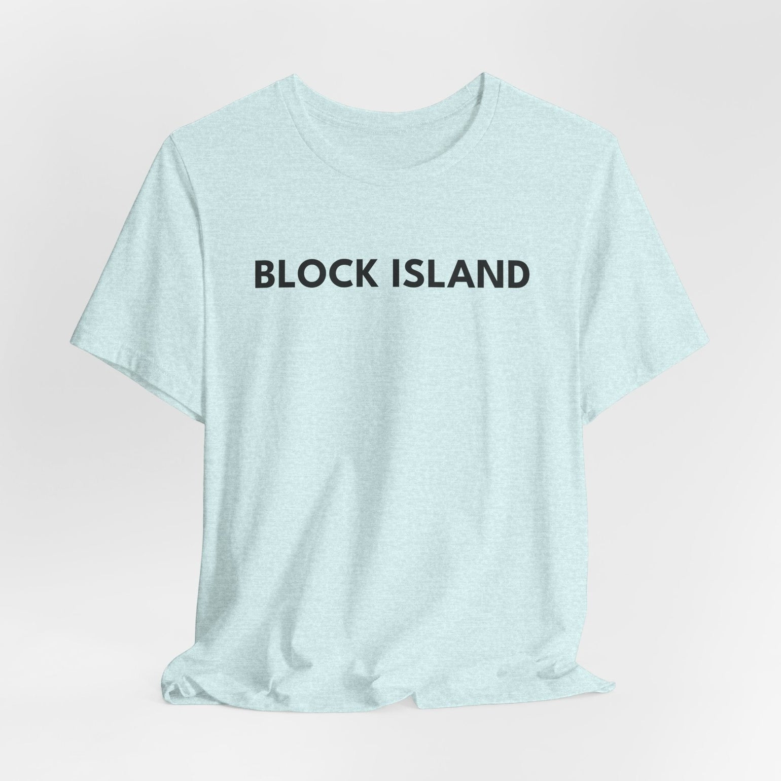 BlockBoundRI light blue cotton t-shirt with BLOCK ISLAND text printed on the chest in a minimalist black font.
