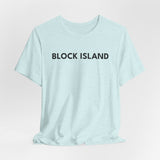 BlockBoundRI light blue cotton t-shirt with BLOCK ISLAND text printed on the chest in a minimalist black font.