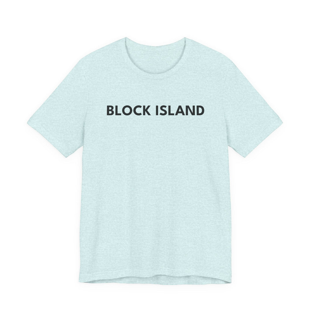 BlockBoundRI light blue cotton crew neck t-shirt with BLOCK ISLAND text printed in black on the chest.