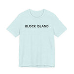 BlockBoundRI light blue cotton crew neck t-shirt with BLOCK ISLAND text printed in black on the chest.