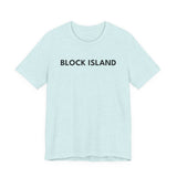 BlockBoundRI light blue cotton crew neck t-shirt with BLOCK ISLAND text printed in black on the chest.