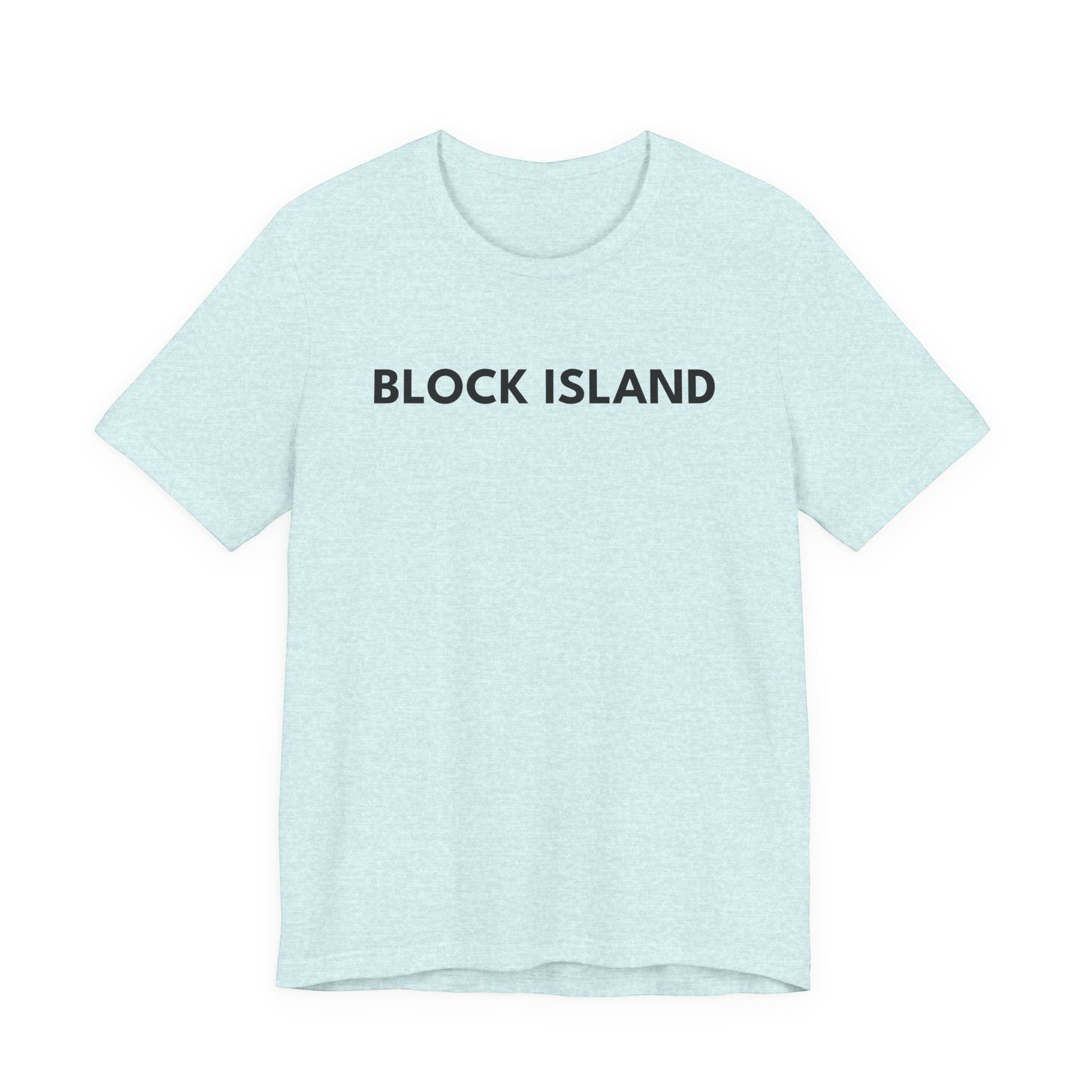 BlockBoundRI light blue cotton crew neck t-shirt with BLOCK ISLAND text printed in black on the chest.