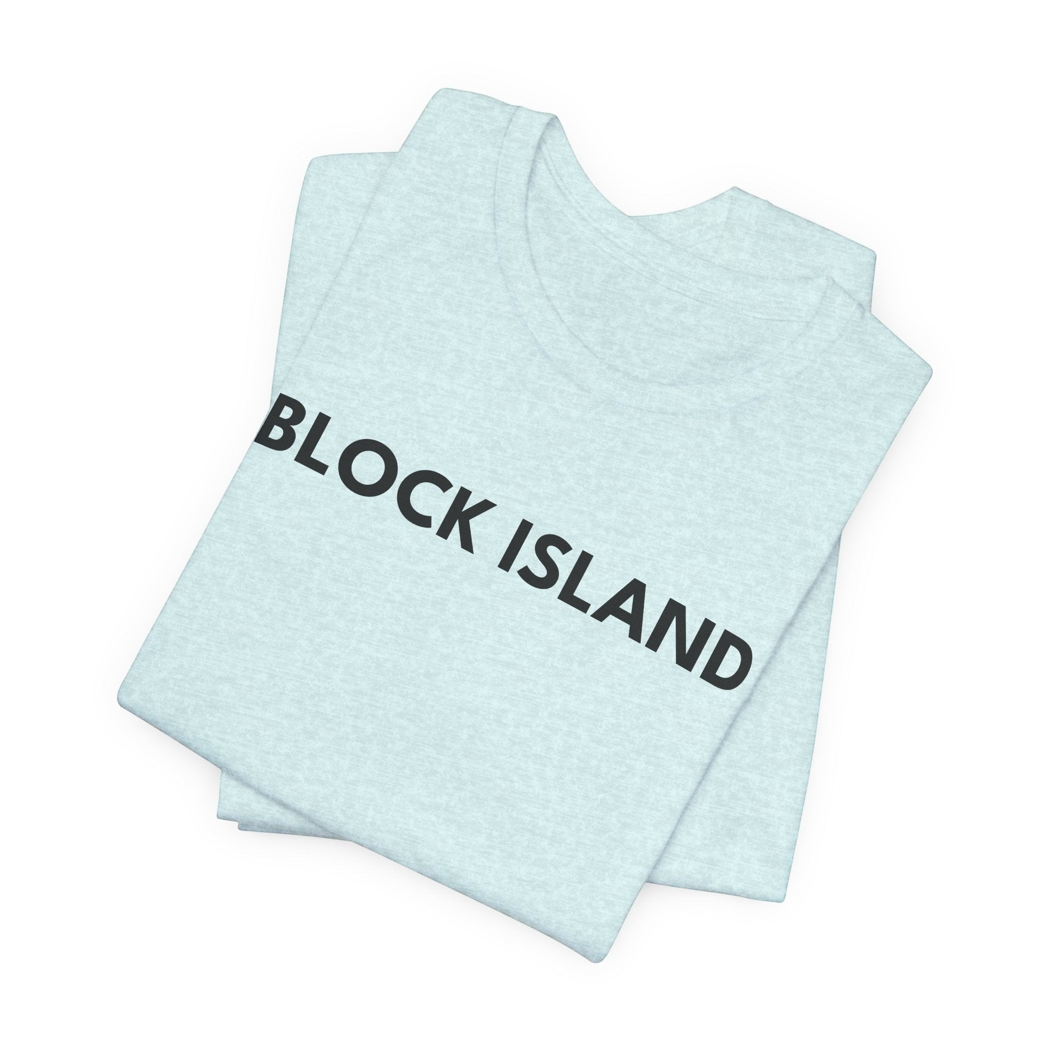 BlockBoundRI light blue cotton t-shirt with BLOCK ISLAND printed in black minimalist text on the front