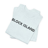 BlockBoundRI light blue cotton t-shirt featuring minimalist black BLOCK ISLAND text on the front