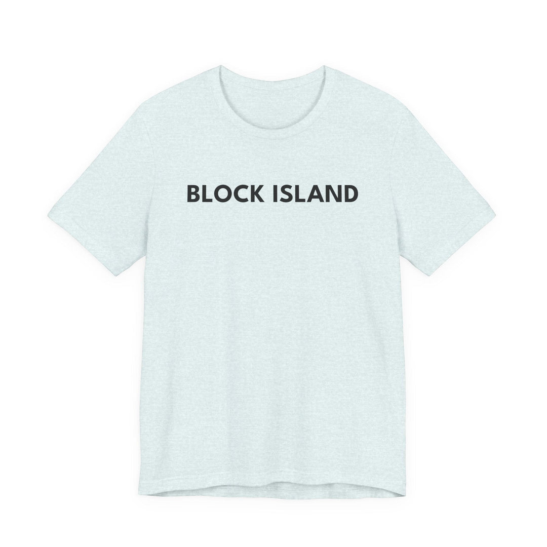 BlockBoundRI light blue cotton t-shirt with BLOCK ISLAND text printed in black on the chest.