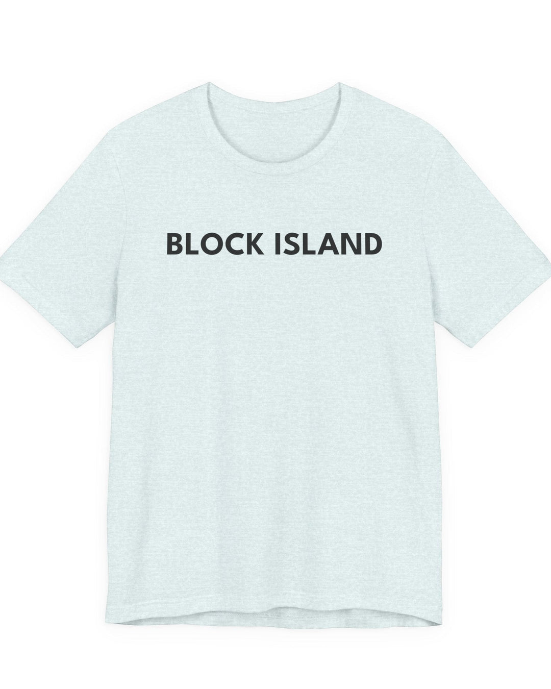 BlockBoundRI light blue cotton t-shirt with BLOCK ISLAND text printed in black on the chest.