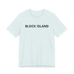 BlockBoundRI light blue cotton t-shirt with BLOCK ISLAND text printed in black on the chest.