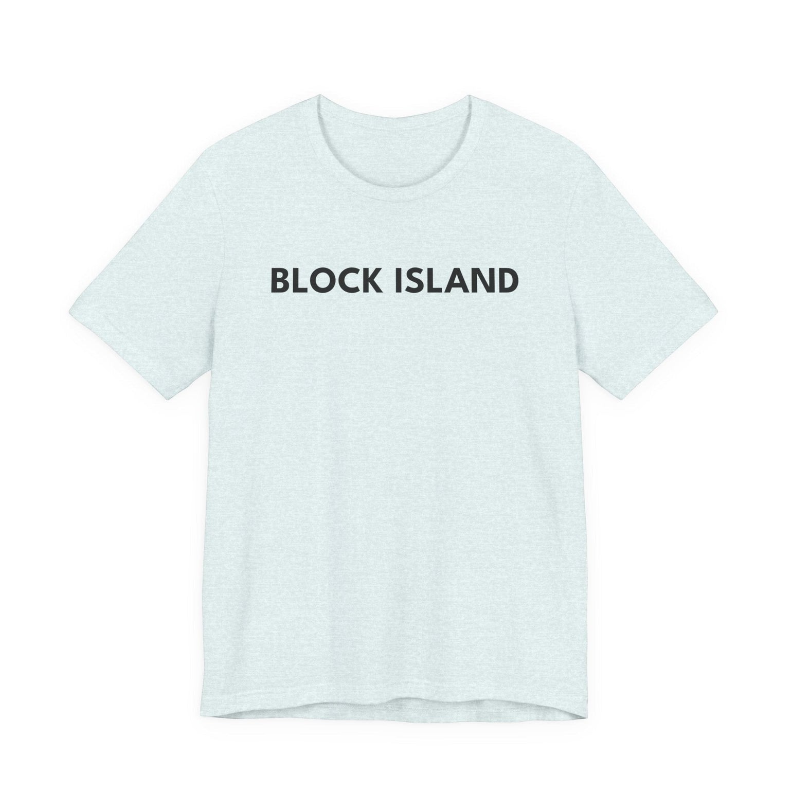 BlockBoundRI light blue cotton t-shirt with BLOCK ISLAND text printed in black on the chest.