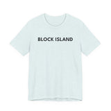 BlockBoundRI light blue cotton t-shirt with BLOCK ISLAND text printed in black on the chest.