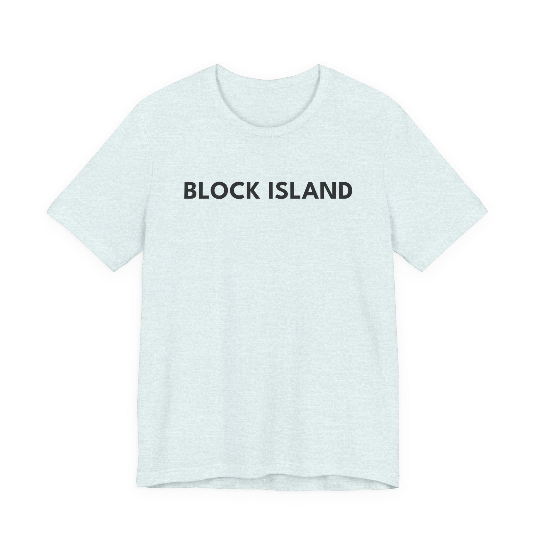 BlockBoundRI light blue cotton t-shirt with BLOCK ISLAND text printed in black on the chest.