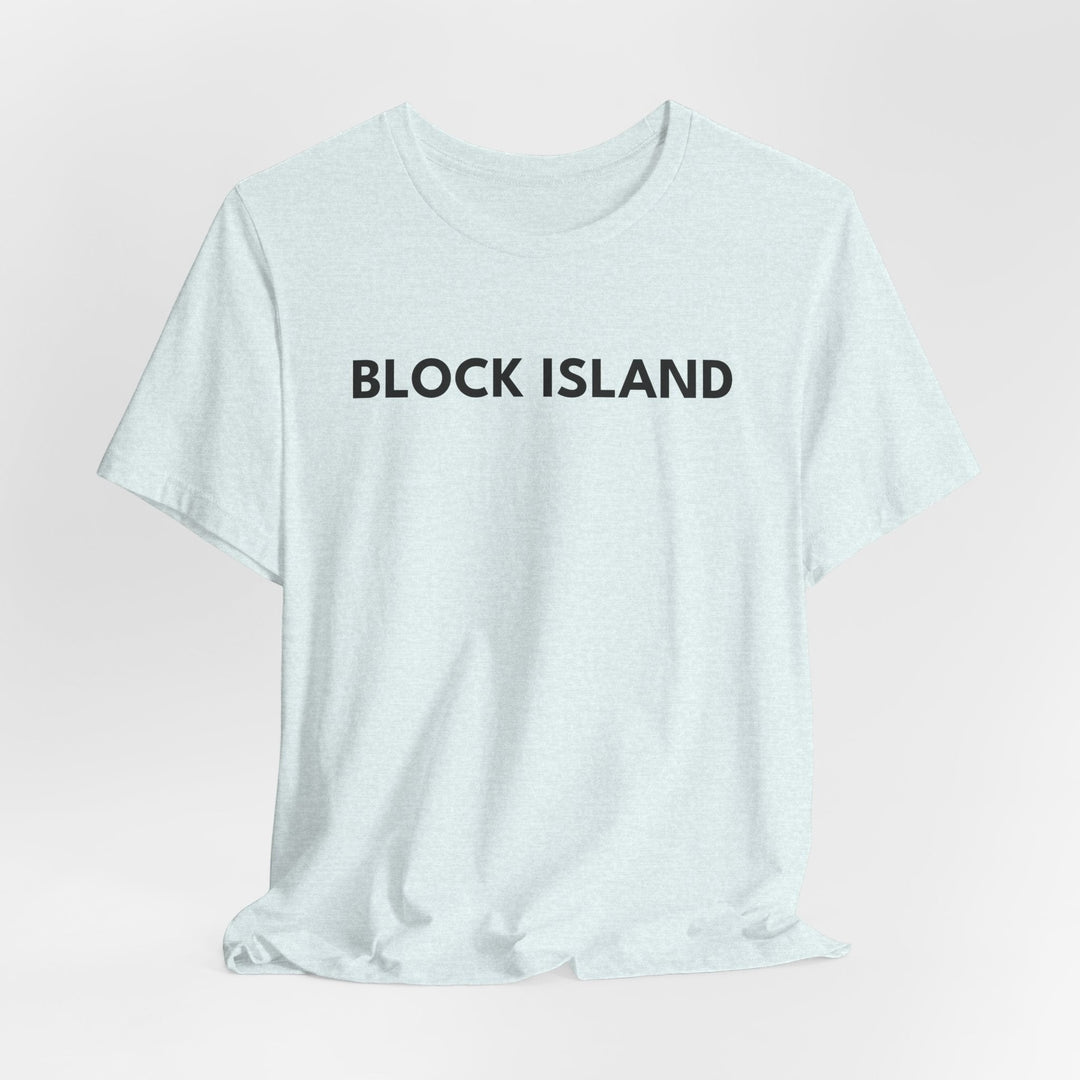 BlockBoundRI light blue cotton t-shirt with BLOCK ISLAND text printed on the chest in a minimalist black font.