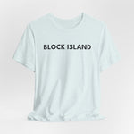 BlockBoundRI light blue cotton t-shirt with BLOCK ISLAND text printed on the chest in a minimalist black font.