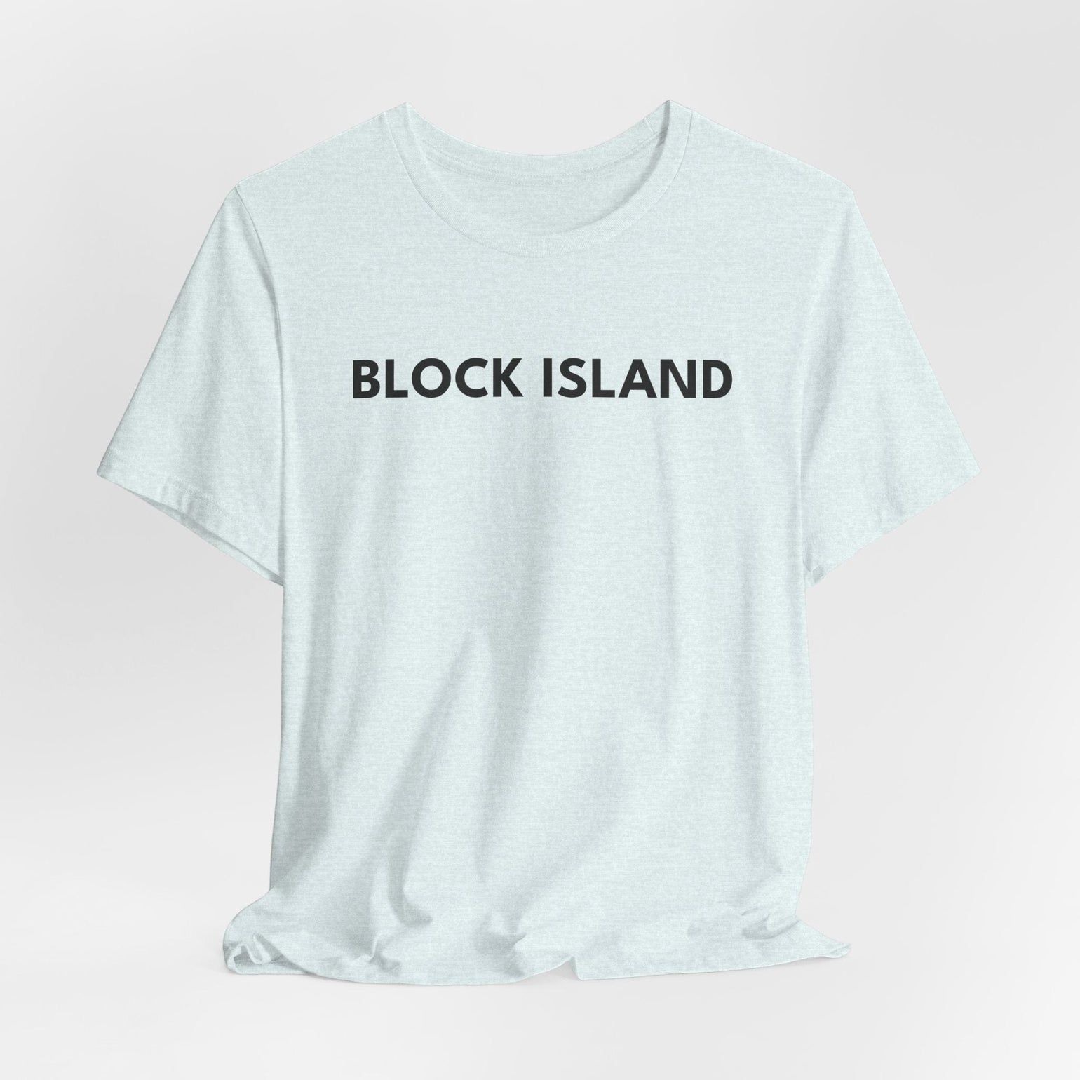 BlockBoundRI light blue cotton t-shirt with BLOCK ISLAND text printed on the chest in a minimalist black font.