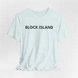 BlockBoundRI light blue cotton t-shirt with BLOCK ISLAND text printed on the chest in a minimalist black font.