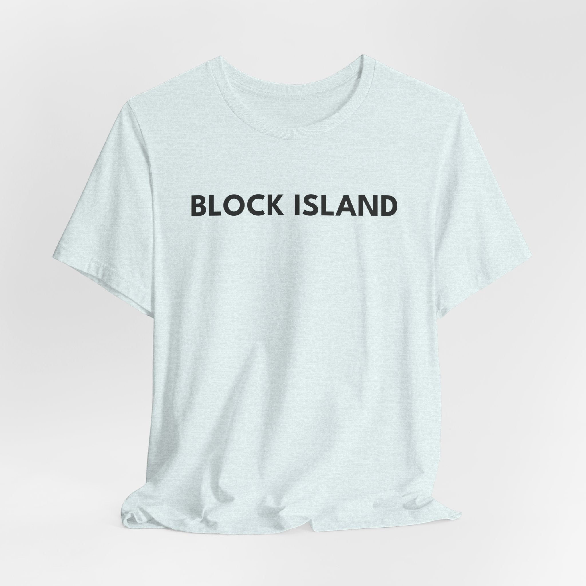 BlockBoundRI light blue cotton t-shirt with BLOCK ISLAND text printed on the chest in a minimalist black font.