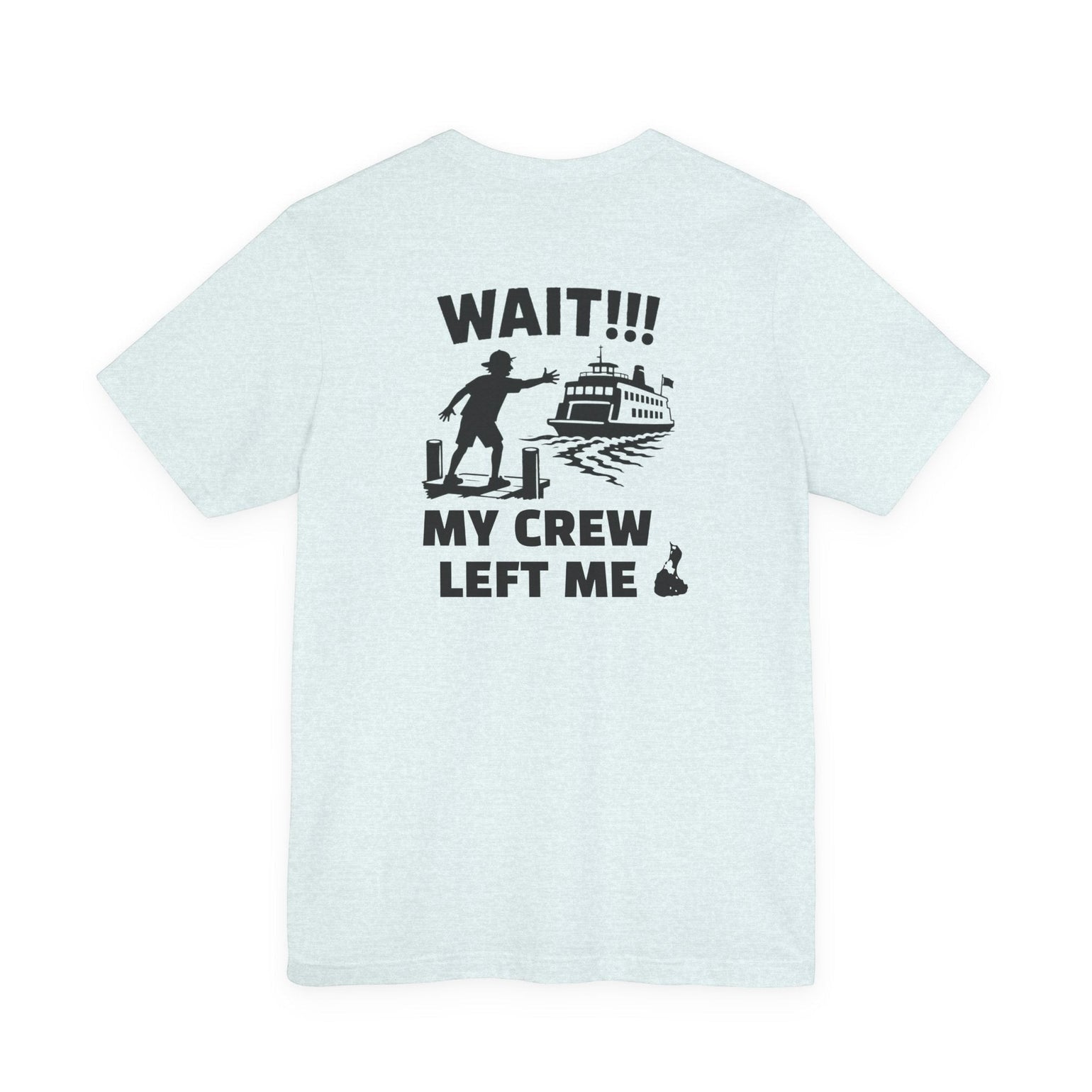 BlockBoundRI light blue cotton t-shirt featuring a back graphic of a person waving at a departing ferry boat.