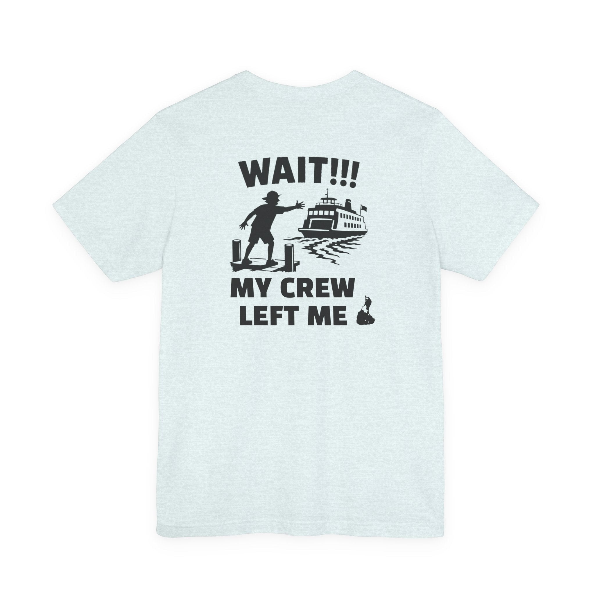BlockBoundRI light blue cotton t-shirt featuring a back graphic of a person waving at a departing ferry boat.