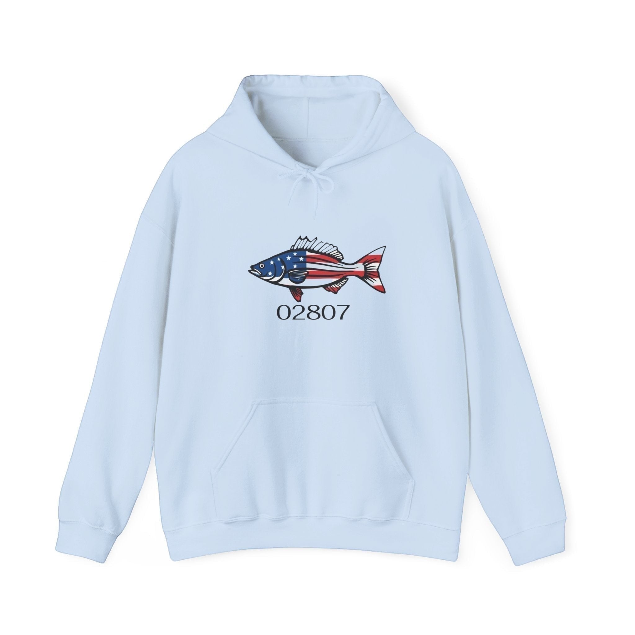 BlockBoundRI light blue hooded sweatshirt featuring a hand-drawn striped bass with American flag pattern and zip code.