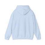 Back view of a light blue BlockBoundRI hooded sweatshirt with a double-lined hood and long sleeves.
