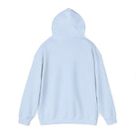 Back view of a plain light blue BlockBoundRI hooded sweatshirt with a double-lined hood and long sleeves.