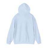 Back view of a plain light blue BlockBoundRI hooded sweatshirt with a double-lined hood and long sleeves.