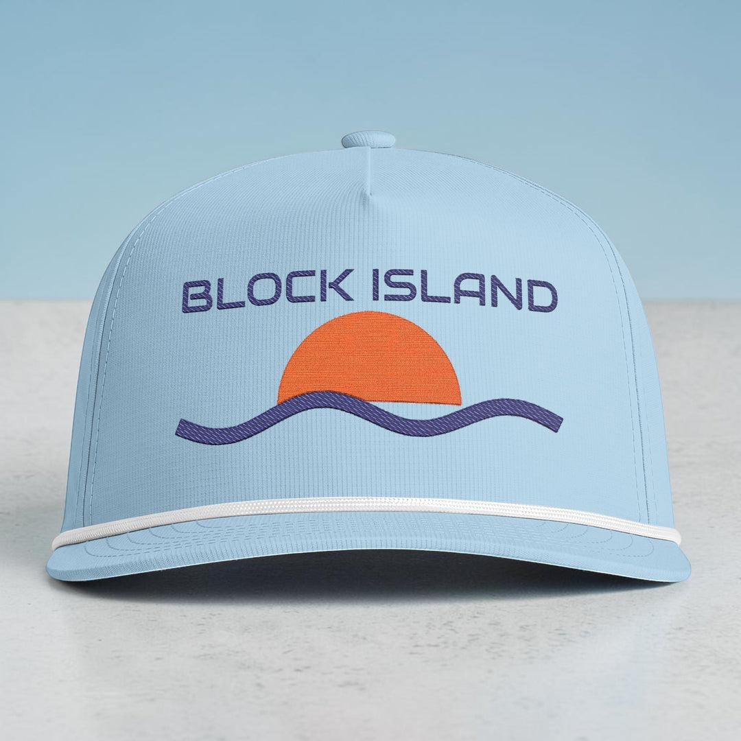 BlockBoundRI light blue five-panel cap with a retro sunset and wave embroidery and white rope trim on the curved bill.