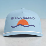BlockBoundRI light blue five-panel cap with a retro sunset and wave embroidery and white rope trim on the curved bill.