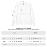 BlockBoundRI white long sleeve pocket shirt size guide with measurement lines for width, length, and sleeve length.