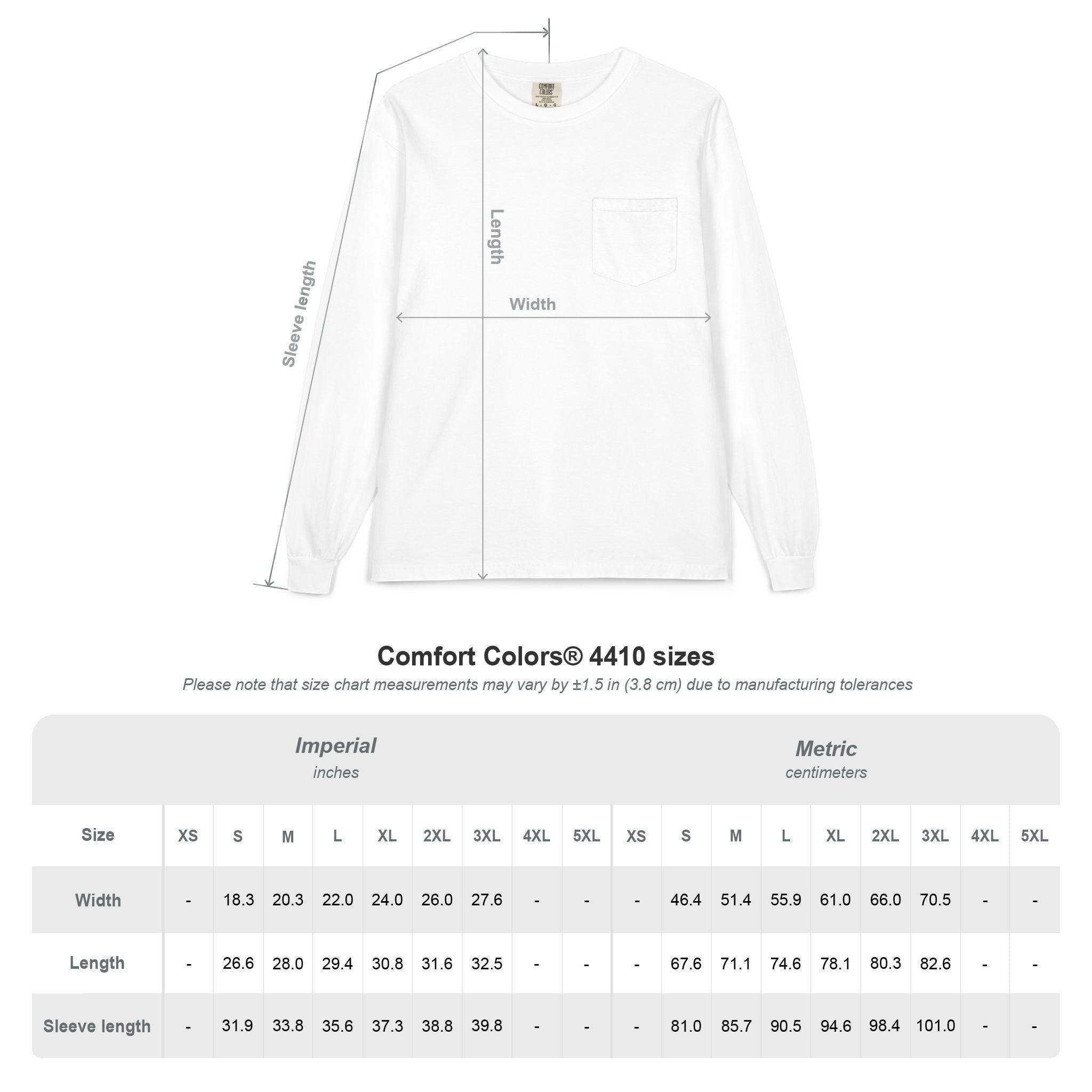 BlockBoundRI white long sleeve pocket shirt size chart with length and width measurements for Comfort Colors 4410