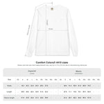 BlockBoundRI white long sleeve pocket shirt size chart with measurement lines for width, length, and sleeve length.