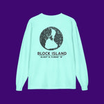 BlockBoundRI mint green long-sleeve cotton shirt with distressed black Block Island map graphic on the back