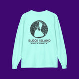 BlockBoundRI mint green long-sleeve cotton shirt with distressed black Block Island map graphic on the back