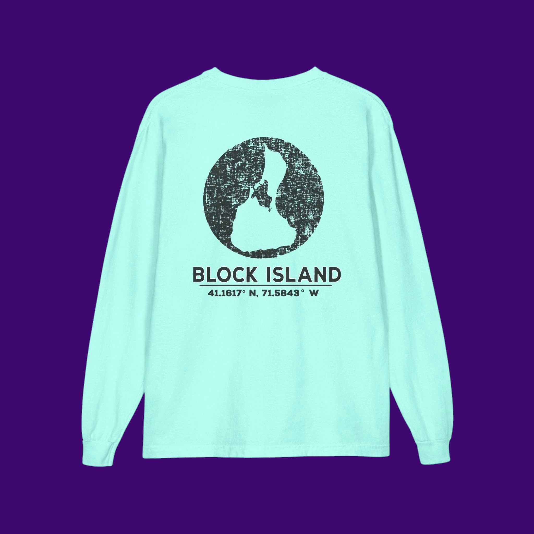 BlockBoundRI mint green long-sleeve cotton shirt with distressed black Block Island map graphic on the back