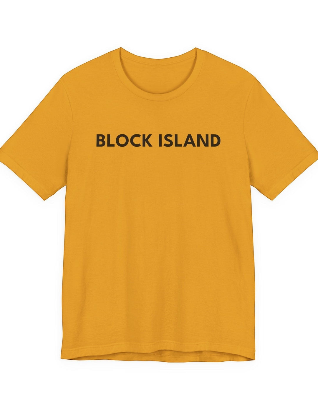 BlockBoundRI mustard yellow crew neck t-shirt with BLOCK ISLAND printed in black minimalist text on the front