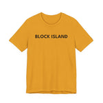 BlockBoundRI mustard yellow crew neck t-shirt with BLOCK ISLAND printed in black minimalist text on the front