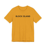 BlockBoundRI mustard yellow crew neck t-shirt with BLOCK ISLAND printed in black minimalist text on the front