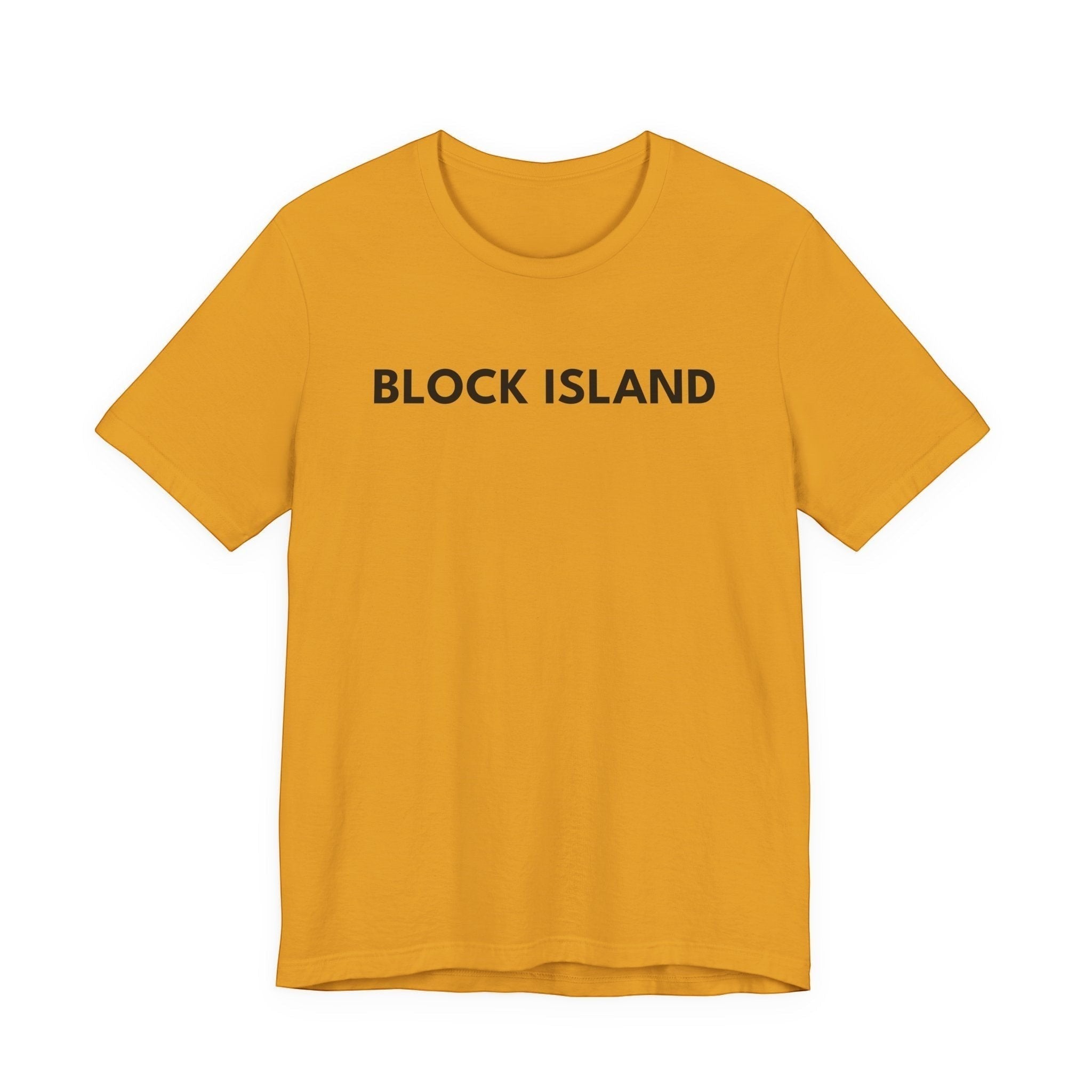 BlockBoundRI mustard yellow crew neck t-shirt with BLOCK ISLAND printed in black minimalist text on the front