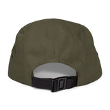 BlockBoundRI olive green 5-panel cotton cap with an adjustable black nylon strap and clip closure, back view.