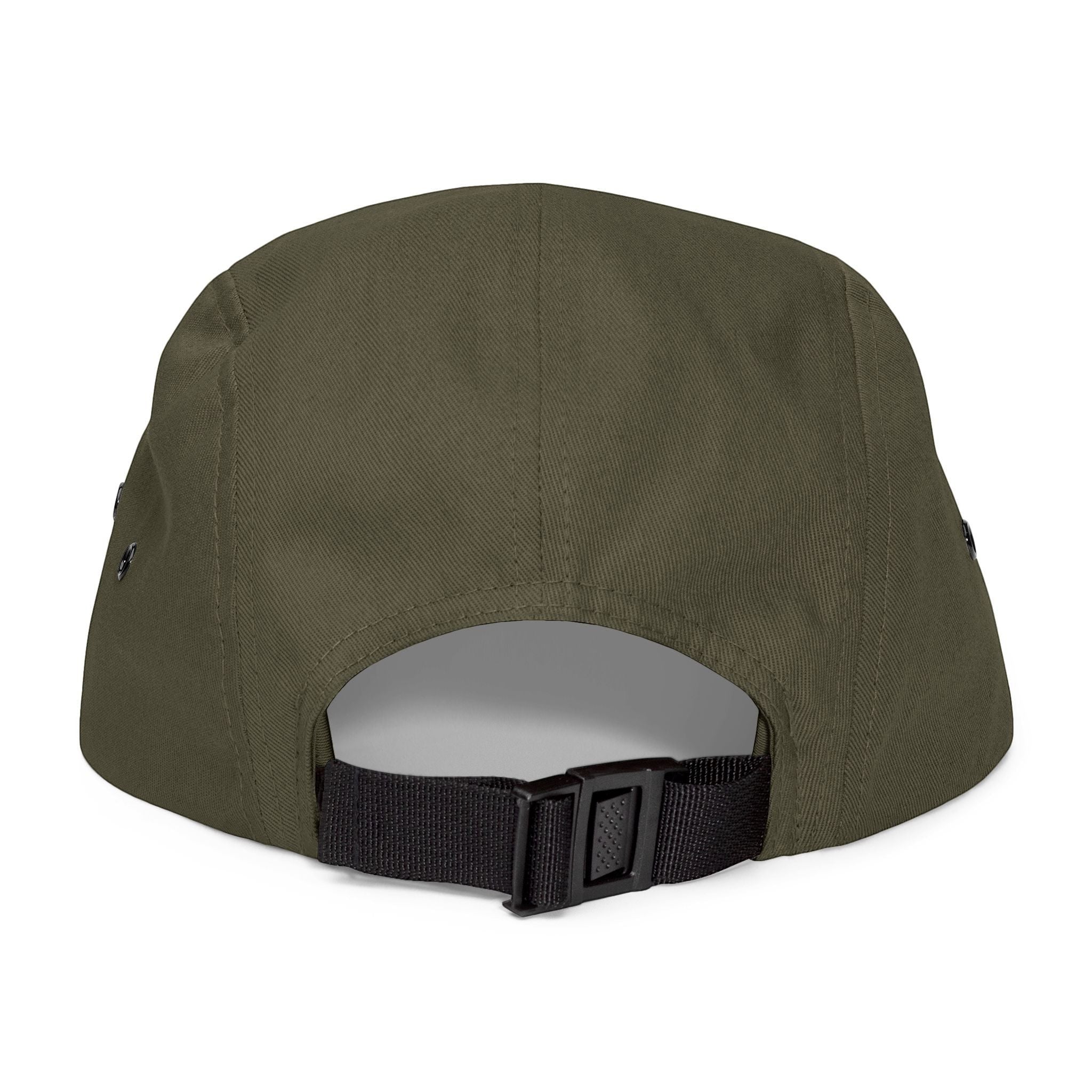 BlockBoundRI olive green 5-panel cotton cap with an adjustable black nylon strap and clip closure, back view.