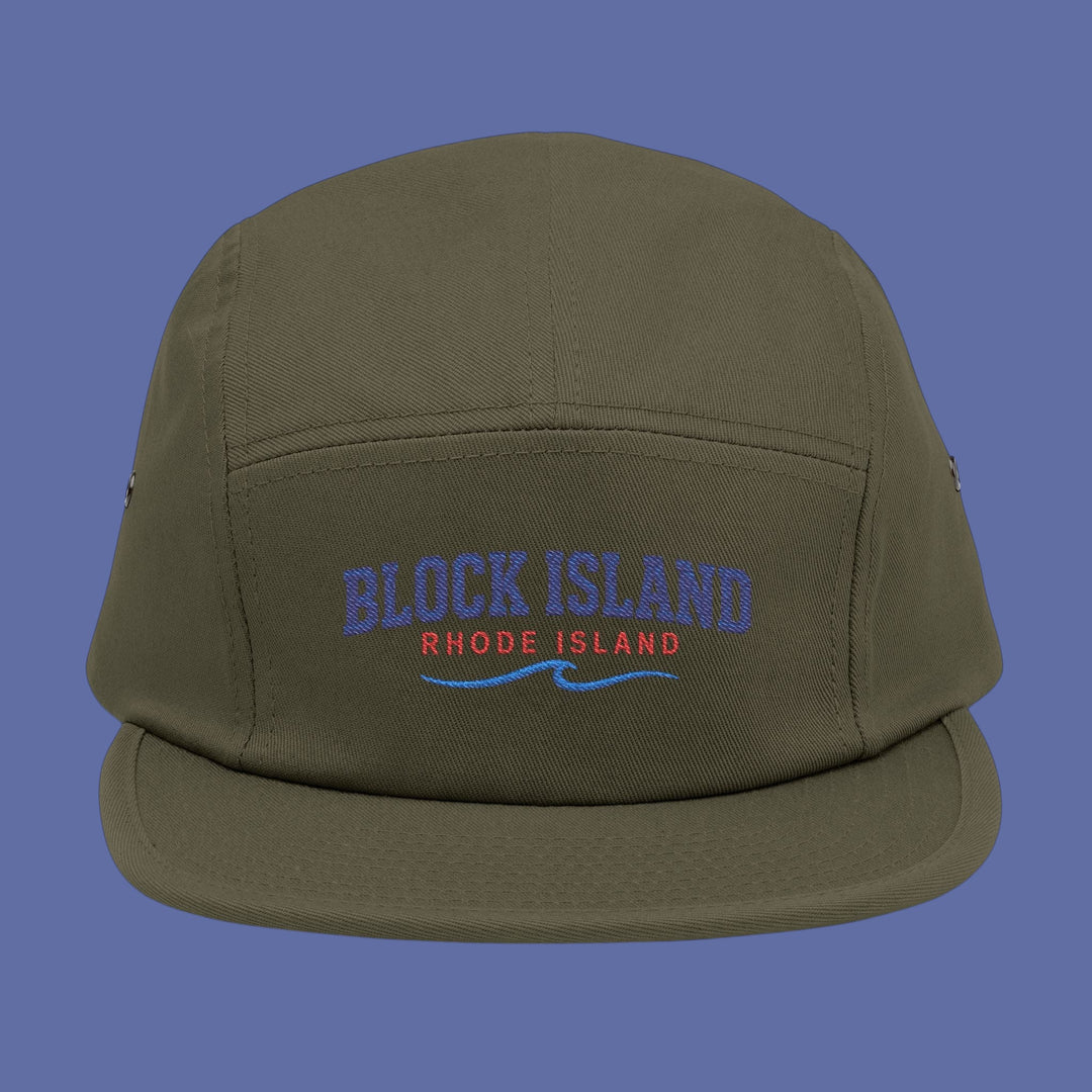BlockBoundRI olive green 5-panel cotton cap with Block Island Rhode Island wave embroidery on the front.