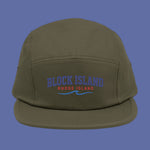 BlockBoundRI olive green 5-panel cotton cap with Block Island Rhode Island wave embroidery on the front.