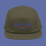 BlockBoundRI olive green 5-panel cotton cap with Block Island Rhode Island wave embroidery on the front.
