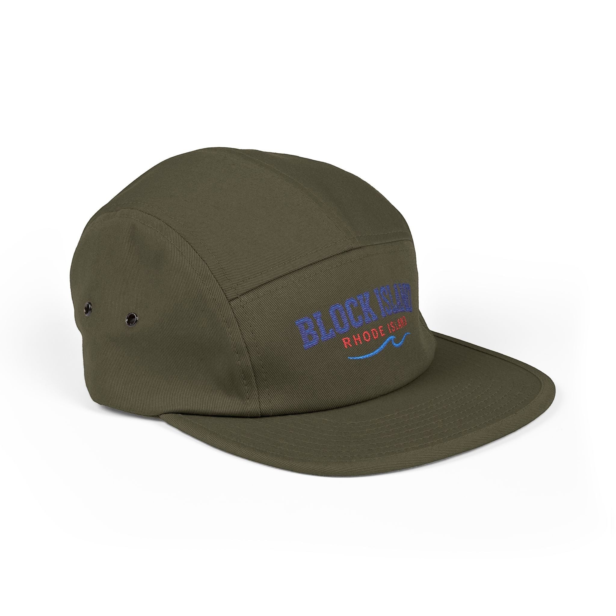 BlockBoundRI olive green 5-panel cotton cap with Block Island Rhode Island wave embroidery and metal side eyelets