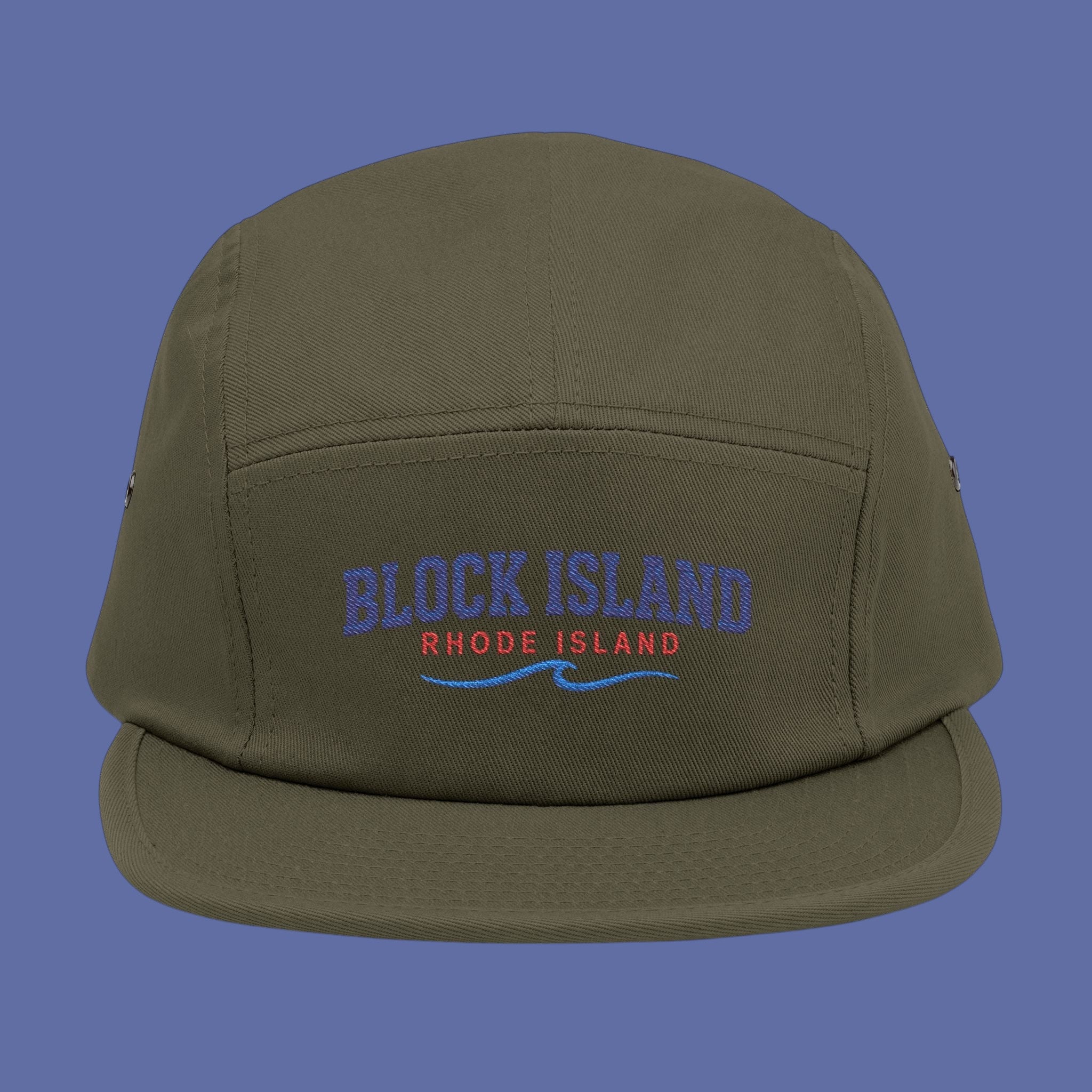 BlockBoundRI olive green 5-panel cotton cap with Block Island Rhode Island wave embroidery on the front