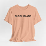 BlockBoundRI peach-colored crew neck t-shirt with BLOCK ISLAND printed in minimalist black text on the chest.