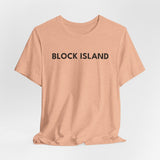BlockBoundRI peach-colored crew neck t-shirt with BLOCK ISLAND printed in minimalist black text on the chest.