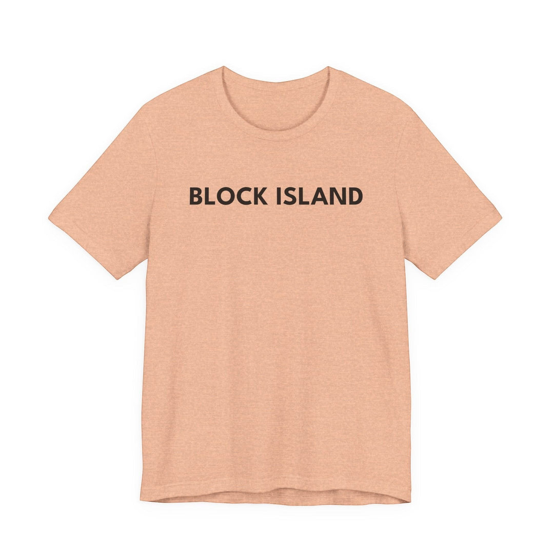 BlockBoundRI peach-colored cotton t-shirt with BLOCK ISLAND printed in black minimalist text on the chest