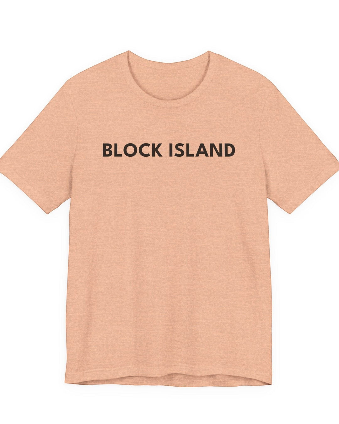 BlockBoundRI peach-colored cotton t-shirt with BLOCK ISLAND printed in black minimalist text on the chest
